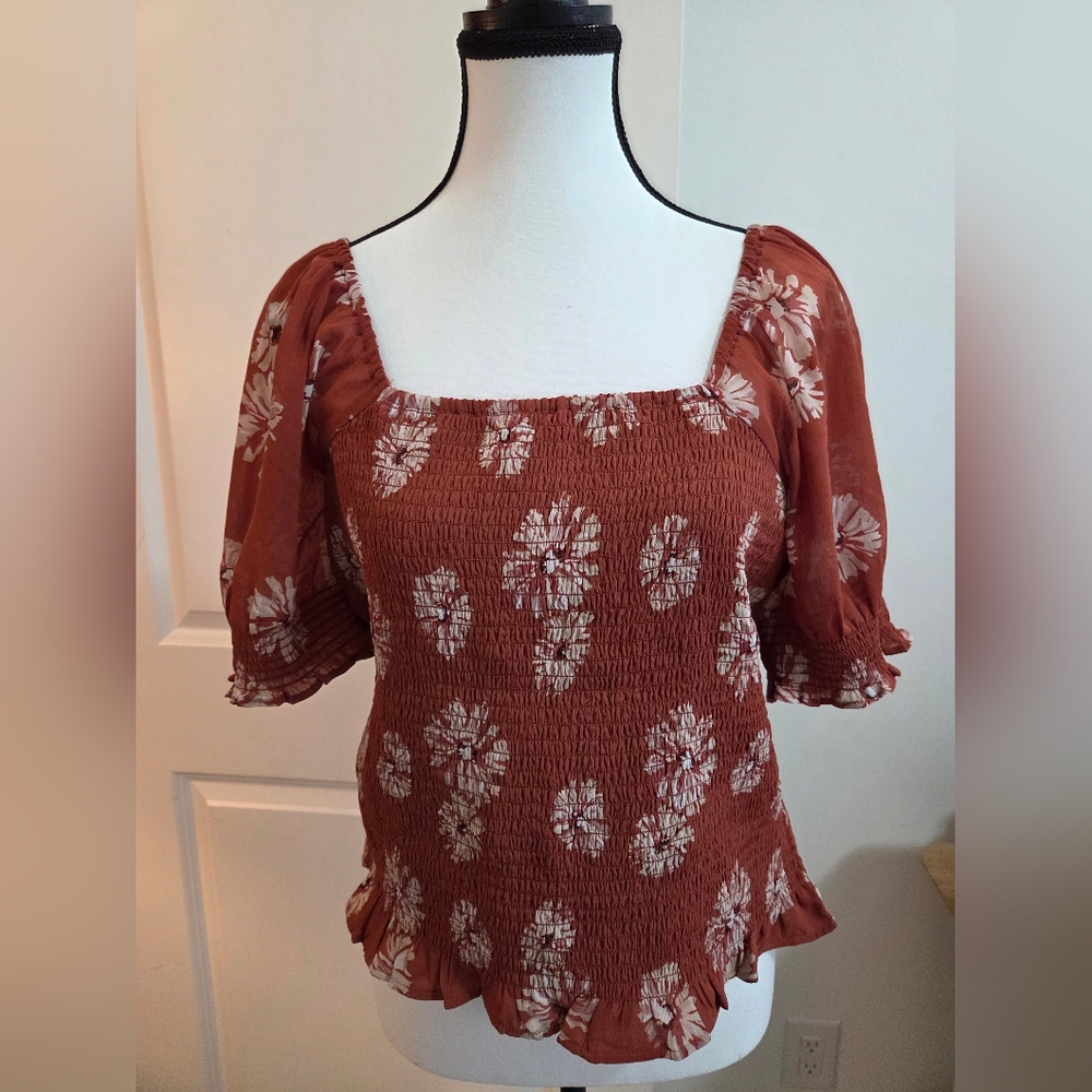 Madewell Floral Smocked Red Top